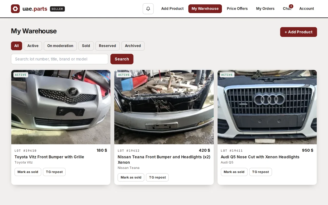 The uae.parts seller panel: My Warehouse with the seller's own lots, statuses and cover photos